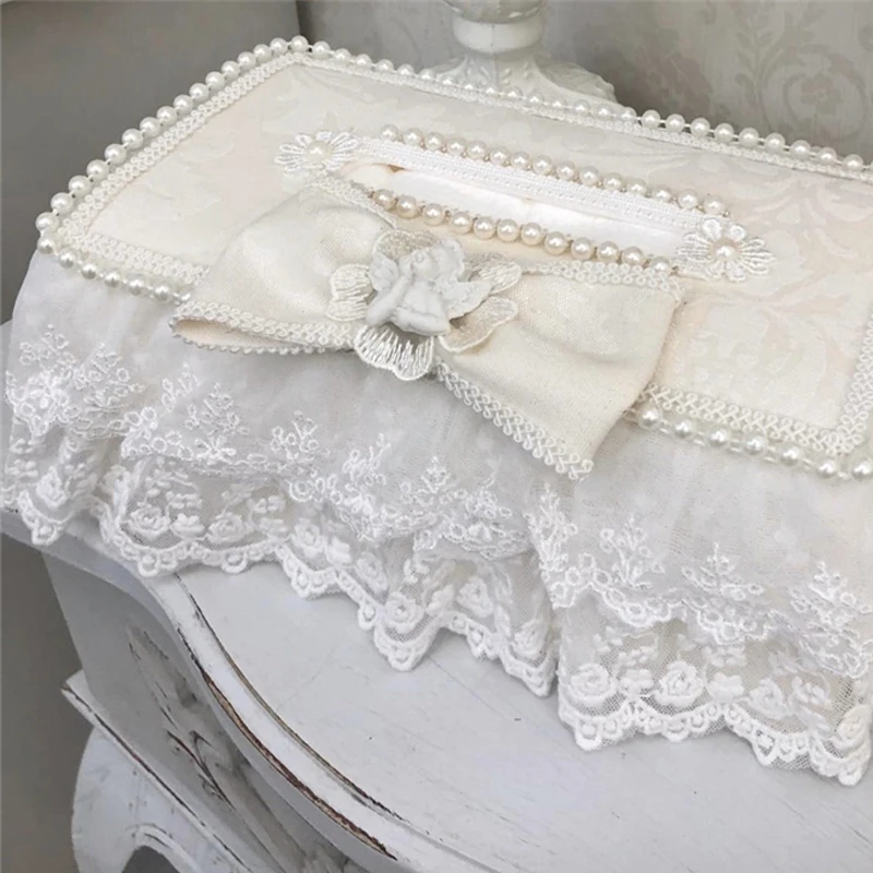 Exquisite Pink Tissue Box White Angel Lace Bow Craft Pearl Texture Home Decor Ornament Diningtable Coffeetable Napkin Holder