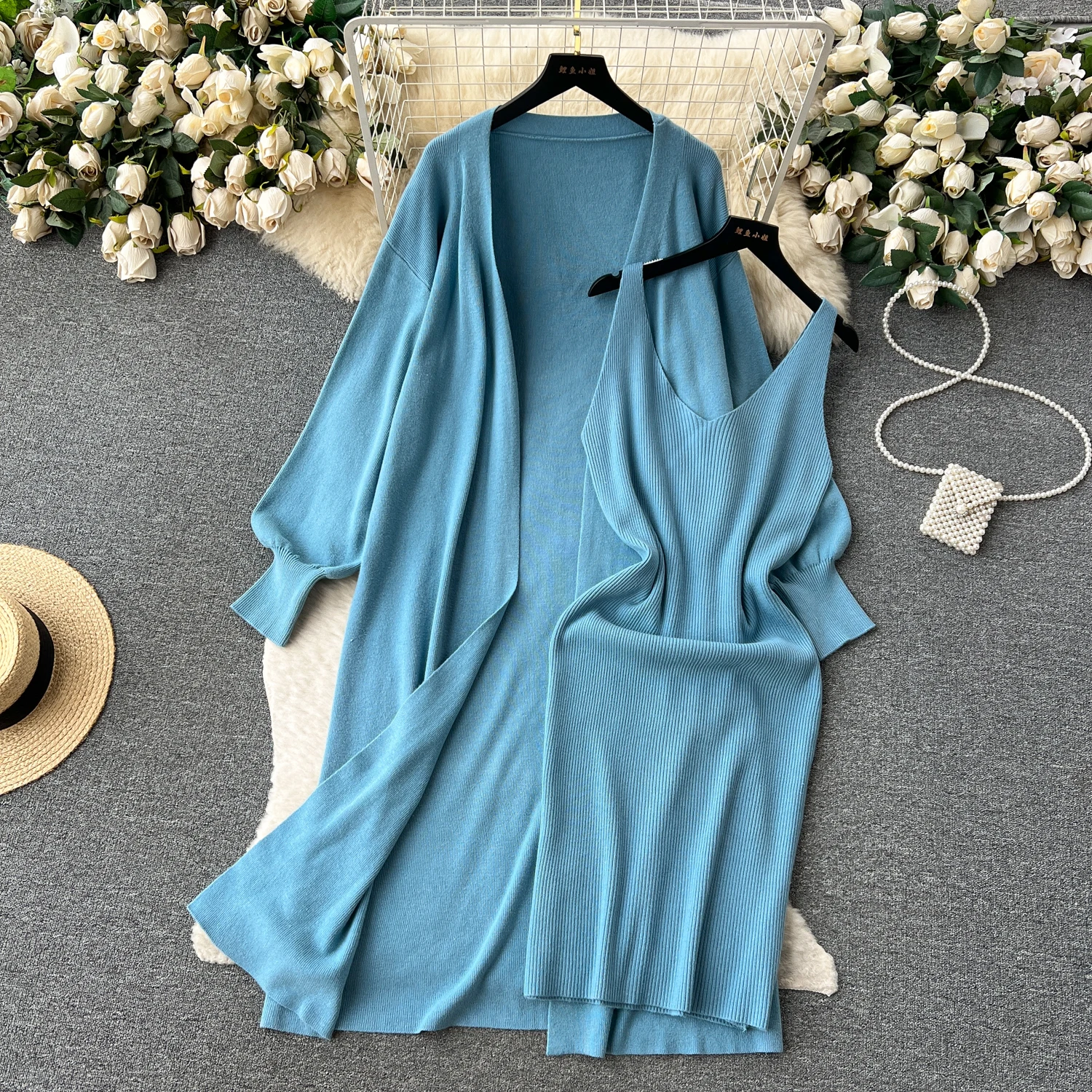 REALEFT Autumn Winter 2 Pieces Women\'s Sets Solid Knitted Tracksuits Cardigan Outwear and Tank Wrap Dress Suits 2024 New