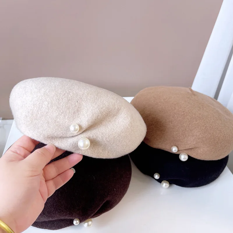 Original high-end Australian wool beret for women Autumn-Winter Warm French pearl button bud hat chic chic painter hat