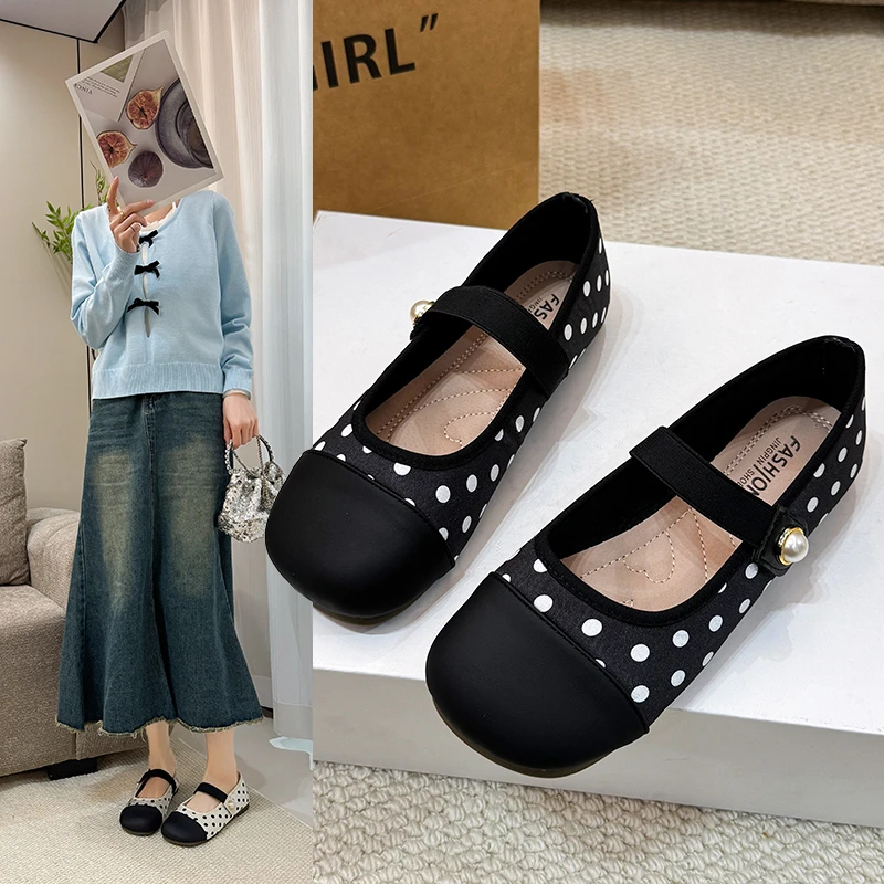 Casual Polka Dot Mary Jane Flats for Women, 2 Colors Available, Elastic Band Comfortable Slip-on Shoes for Dress & Jeans