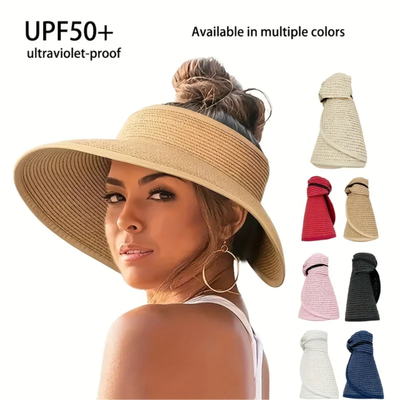 Summer Foldable Empty Top Straw Hat Portable Outdoor Sunscreen UV-Resistant Sunshade Hat Fashionable Casual Bow Beach Hat