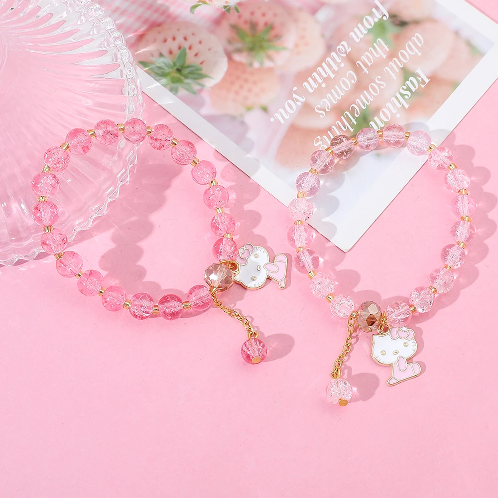 Sanrio Anime HelloKitty Bracelet Cute Cartoon Figure KT Cat Handmade Resin Pendant Accessory Kitty Pendant Bead String Bracelet