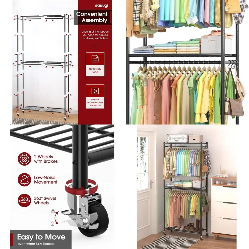 Rak Pakaian Logam Multi-Fungsi dengan Rak & Roda, 33x12.2x79.5, Lemari Kokoh untuk Kamar Tidur, Ruang Cuci, Balkon - Hitam
