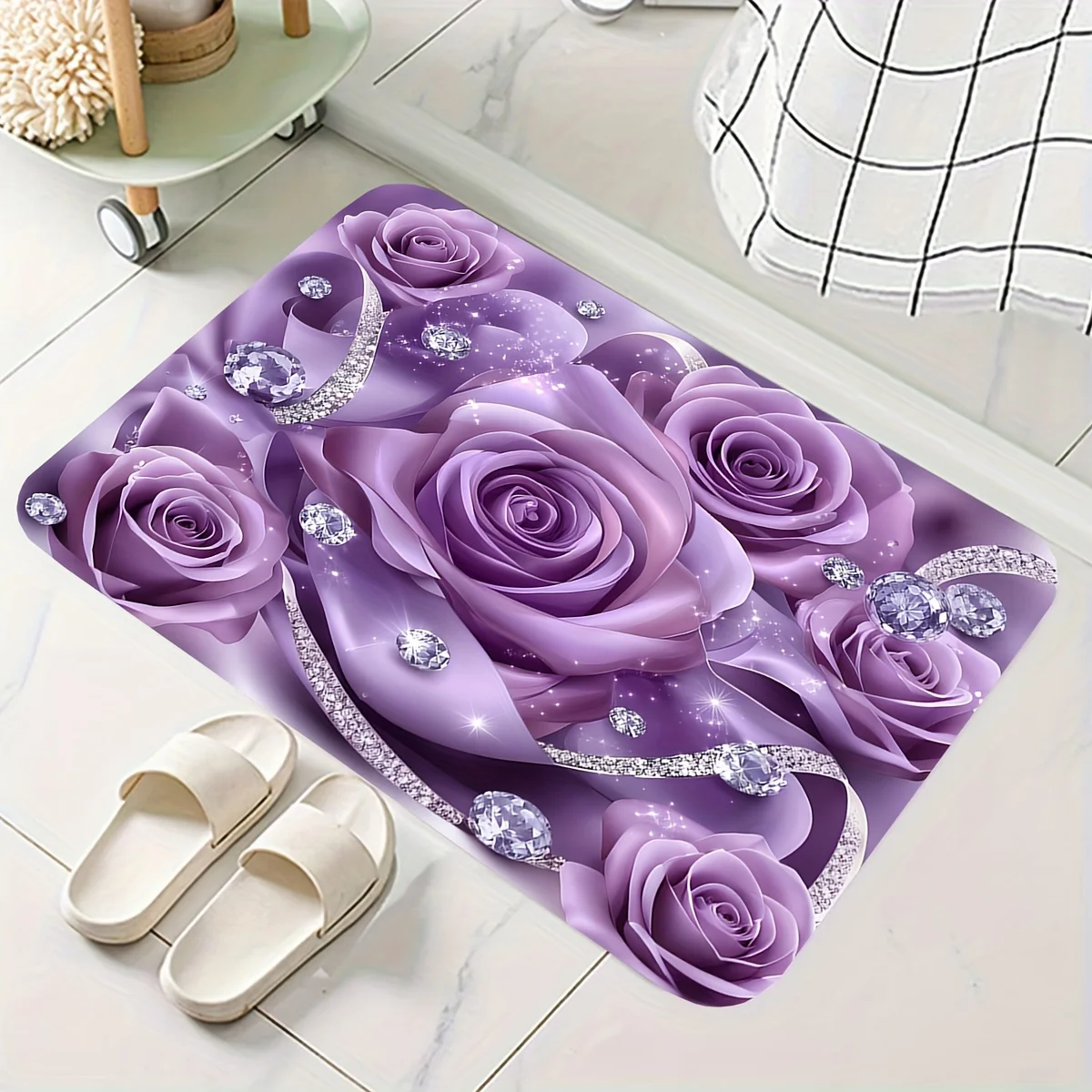 Luxury Purple Rose Floral Doormat Entrance Mat Waterproof Glitter Crystal Rhinestone Decor Rug for Home Bathroom Entryway Area