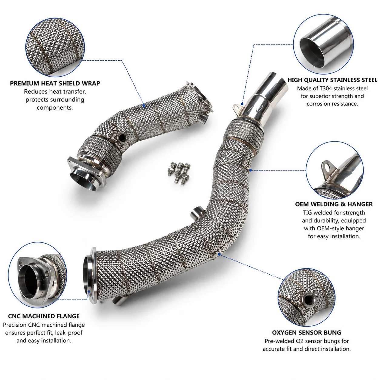 Heat Shielded Catless Downpipe for BMW G80 M3 G82 M4 G87 M2 S58 3.0T 2021+ Stainless Steel Performance Decat Exhaust Pipe