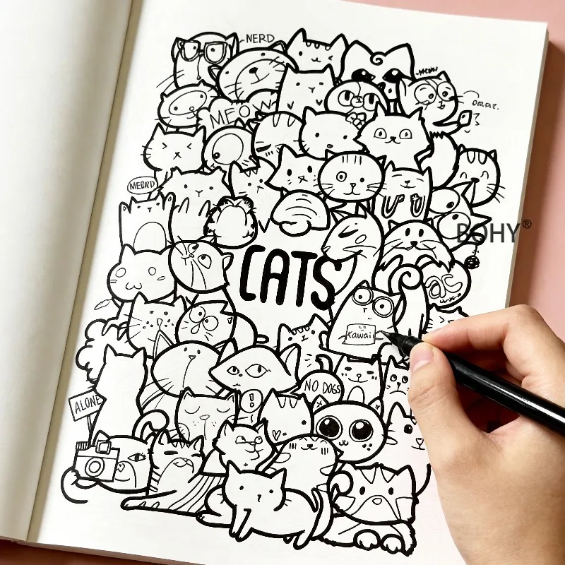 1 Large-sized Dense Graffiti Line Drawing and Coloring Brochure, with Cat Groups, Trendy Monsters, Healing Food and Other Themes
