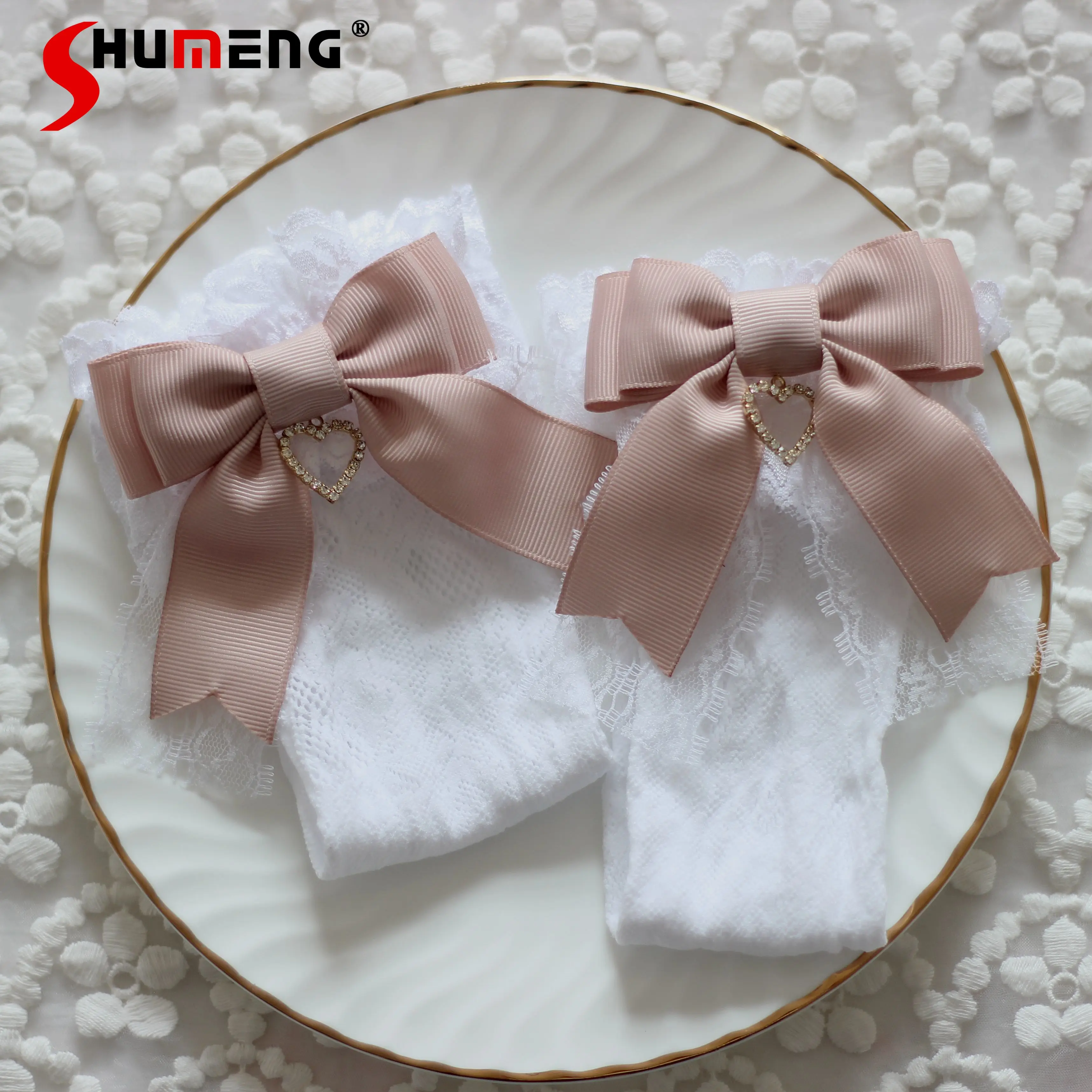 Japanese Style Cute Kawaii White Socks Girls Sweet Lolita Bow Pearl Heart Lace Socks for Women Spring Summer Mine Mid-Calf Socks