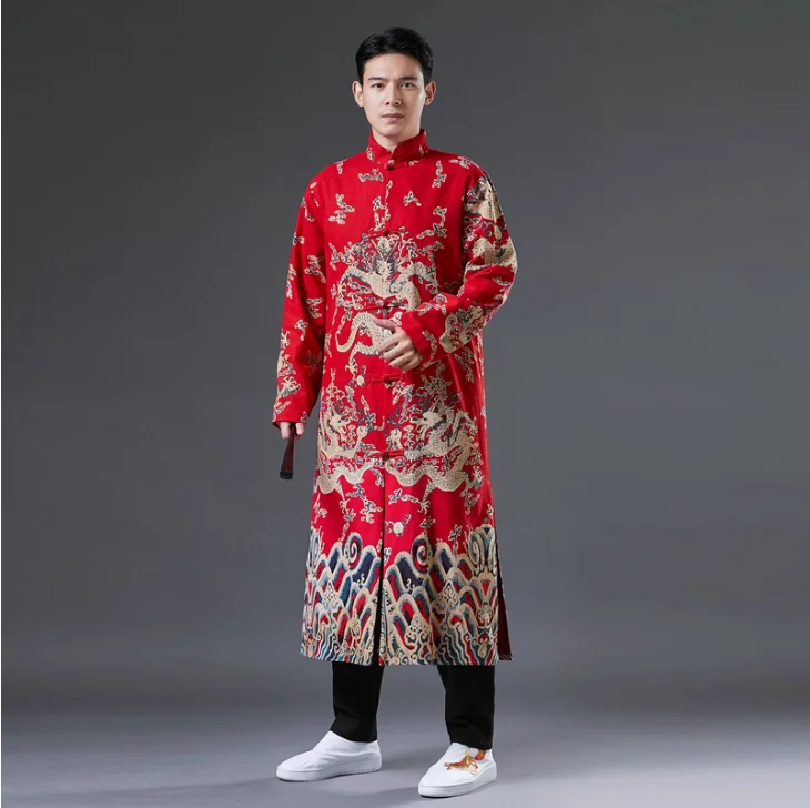 

Chinese Spring and Autumn Men's Standing Collar Dragon Pattern Printed Cotton and Hemp Extended Coat
