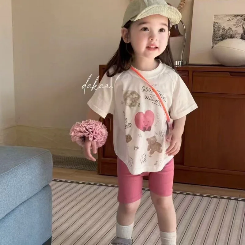 

South KoreainsSummer25Baby Girl Cartoon Print Short SleeveTComfortable Casual Solid Color Versatile T-Shirt and Shorts Two-Piece