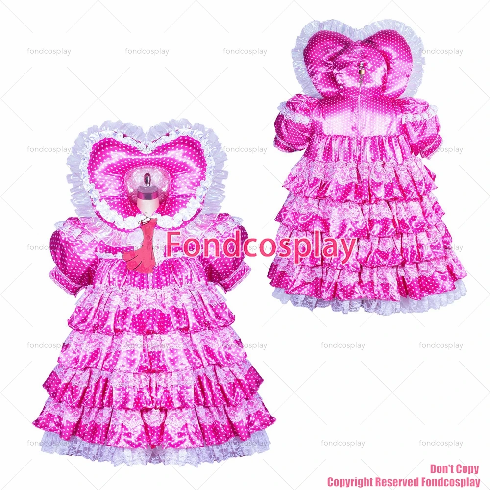 fondcosplay adult sexy cross dressing sissy maid bonnet French lockable baby polka dots hot pink Satin Dress CD/TV[G3872]