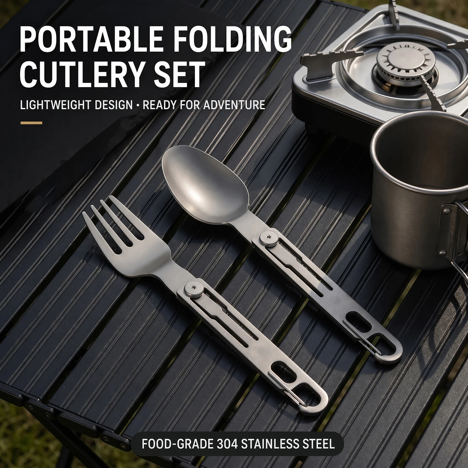 Rotating Foldable Spork with Hanging Loop and Clip Portable Folding Tableware Lightweight Compact for Outdoor Travel Camping