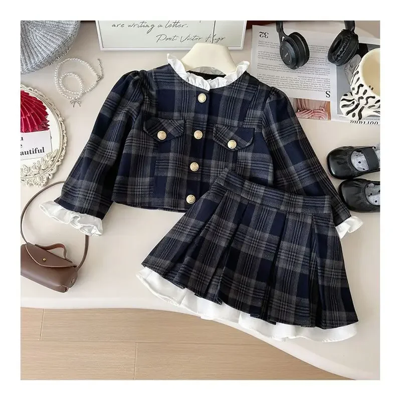 2024 Elegant Girls Baby Spring Autumn Clothing Set Plaid 2pcs Suits Jackets+Skirts,fashion Kids Children Birthday Party Clothes