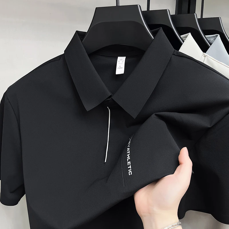 Designer brand ice silk short sleeve polo shirt summer zipper pocket printed design T-shirt business casual breathable men's top