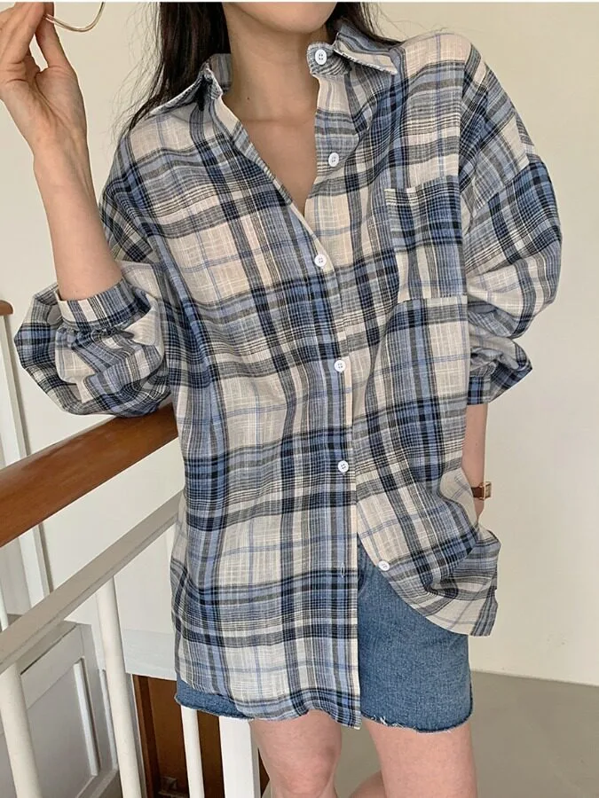 Ladies Loose Fit Plaid Shirt Korean Style Lazy Boy Retro Print Casual Top Autumn Trendy Versatile Long Sleeve Fashionable Out...