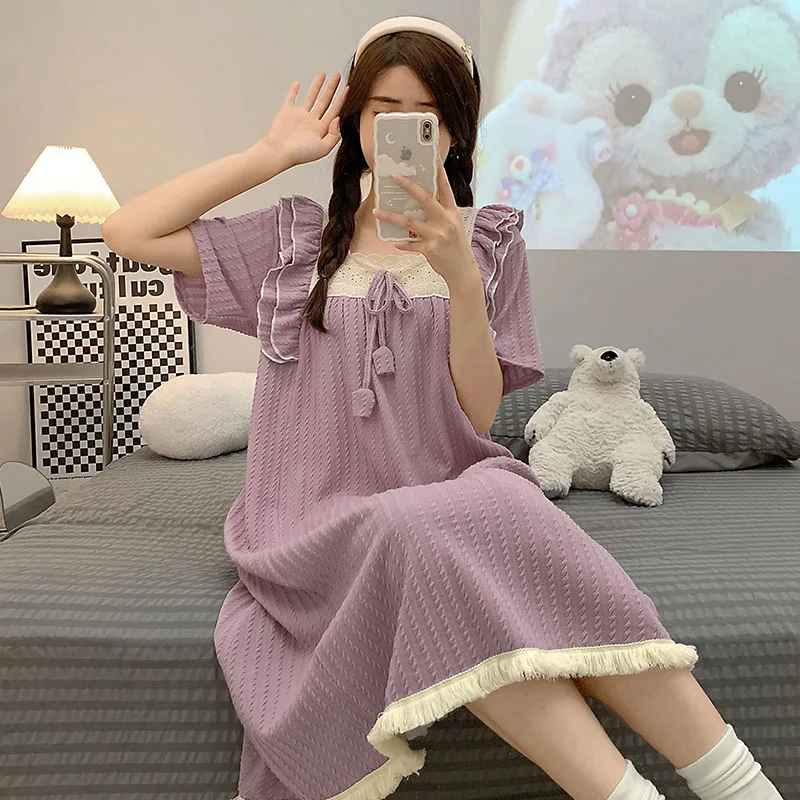 

Summer Princess Style Sleepwear plus Size Cotton Dress Women's Maternity Nightgown Sweet Home Clothes Short Sleeve Midi Dress
