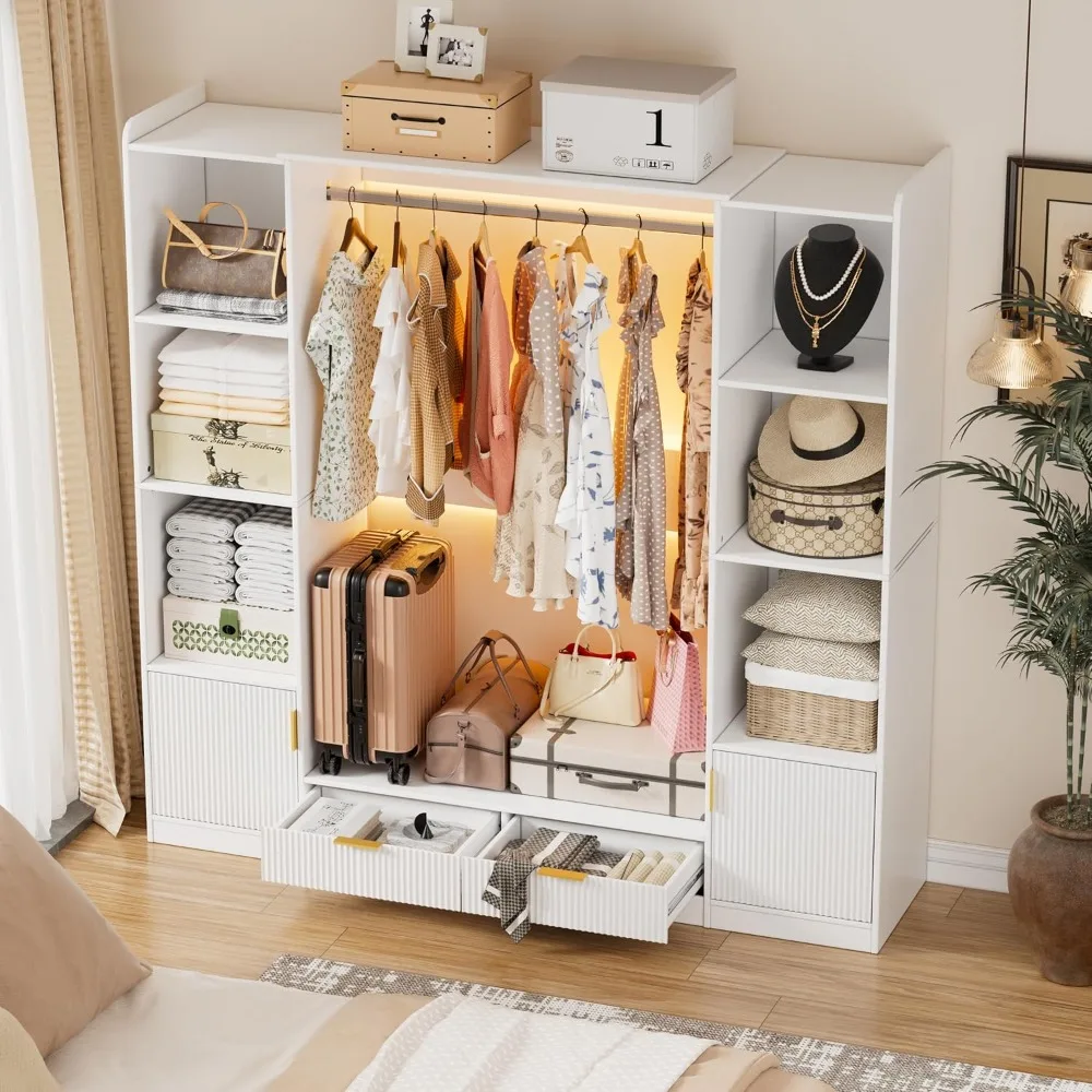 

Closet System, 64.9" Stand-Alone Wardrobe with 6 Display Storage Cabinet & Hanging Rods & 2 Wood Drawers, Cloth Ga