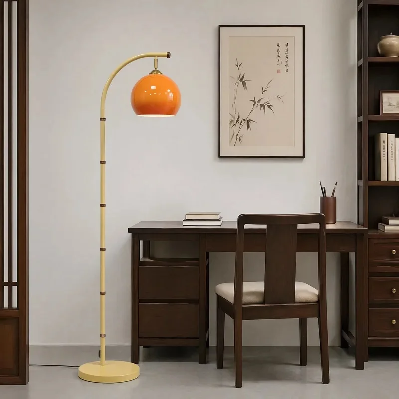 Vintage Bamboo Shape Arc Floor Lamp Orange Dome Metal Shade Adjustable Standing Reading Lamp For Living Room Bedroom Home Decor