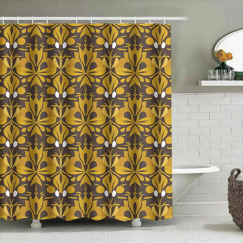 Cortinas de ducha florales vibrantes con ganchos para decoración de baño, patrones abstractos de amarillo mostaza y marrón sobre tela de poliéster (180