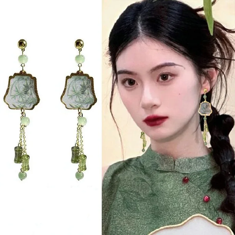 Fresh Green Bamboo Leaf Fan-shaped Pendent Ear Stud Delicate Tassel Dangle Chinese Style Earrings for Women Jewelry Gift New