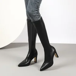 New Women Shoes Fashion Boots Pointed Toe Knee High Stretch Slim Sexy Leather Boots Street Trendy Knight Boots Botines