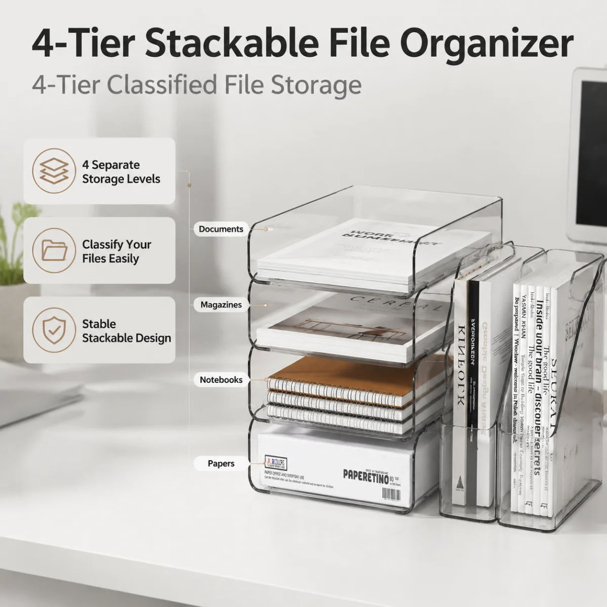 4-Tier Clear Stackable Paper Tray Desk File Organizer with Bookends Pen Holder for A4 Documents Student School Dorm Home Office
