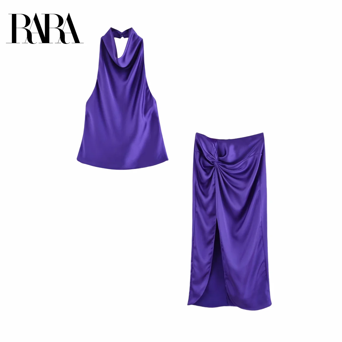 

RARA 2025 New Arrival Women's Satin Halter Neck Top and High - Waist Ruched Slit Skirt Two - piece Set for Party