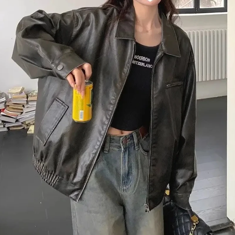 New Year's Popular American Retro Black Leather Jacket Female 2025 New Explosion Motorcycle Jacket Top