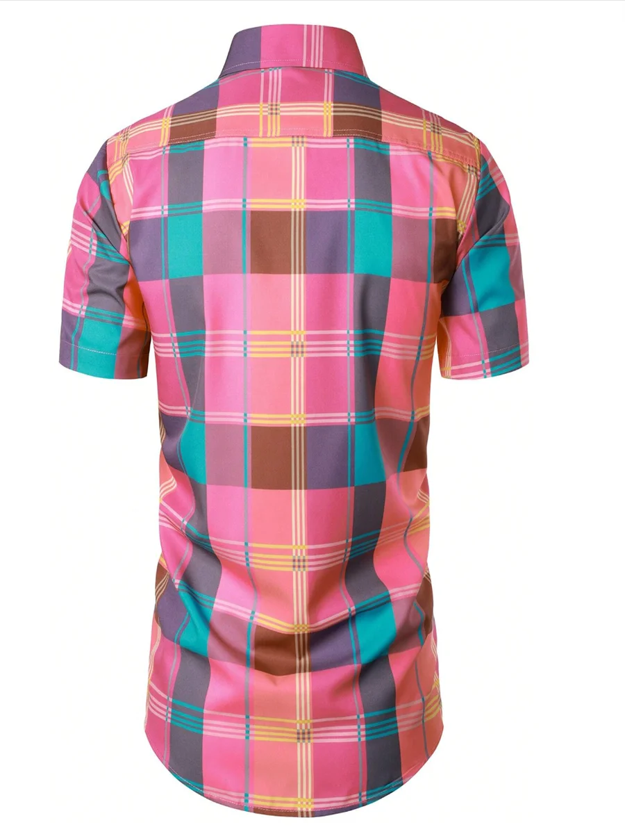 Camisa xadrez com blocos coloridos masculina, roupa diária, lapela de verão manga curta, colorida, casual, fim de semana, fim de semana, diário, 5XL, transporte rápido