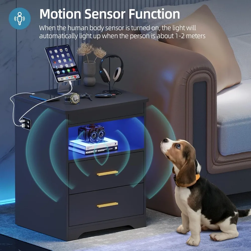 مجموعة طاولة نهاية LED حديثة مكونة من قطعتين مع قاعدة شحن ودرج مسدس سري لغرفة النوم، بجانب الطاولة مع مساحة تخزين مخفية #6