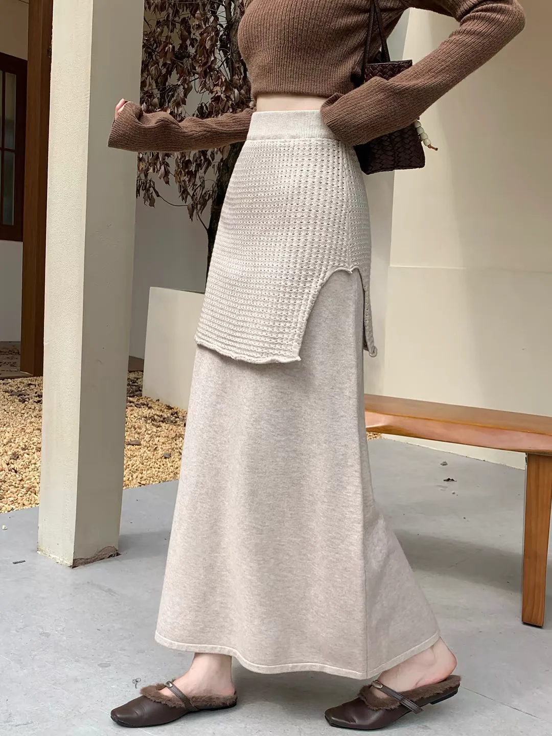 Women's Bodycon Pencil Skirt Fall Winter 2026 Faux Two-Piece Knit High Waist Elegant Chic Slimming A-Line Skirt for Daily Wear