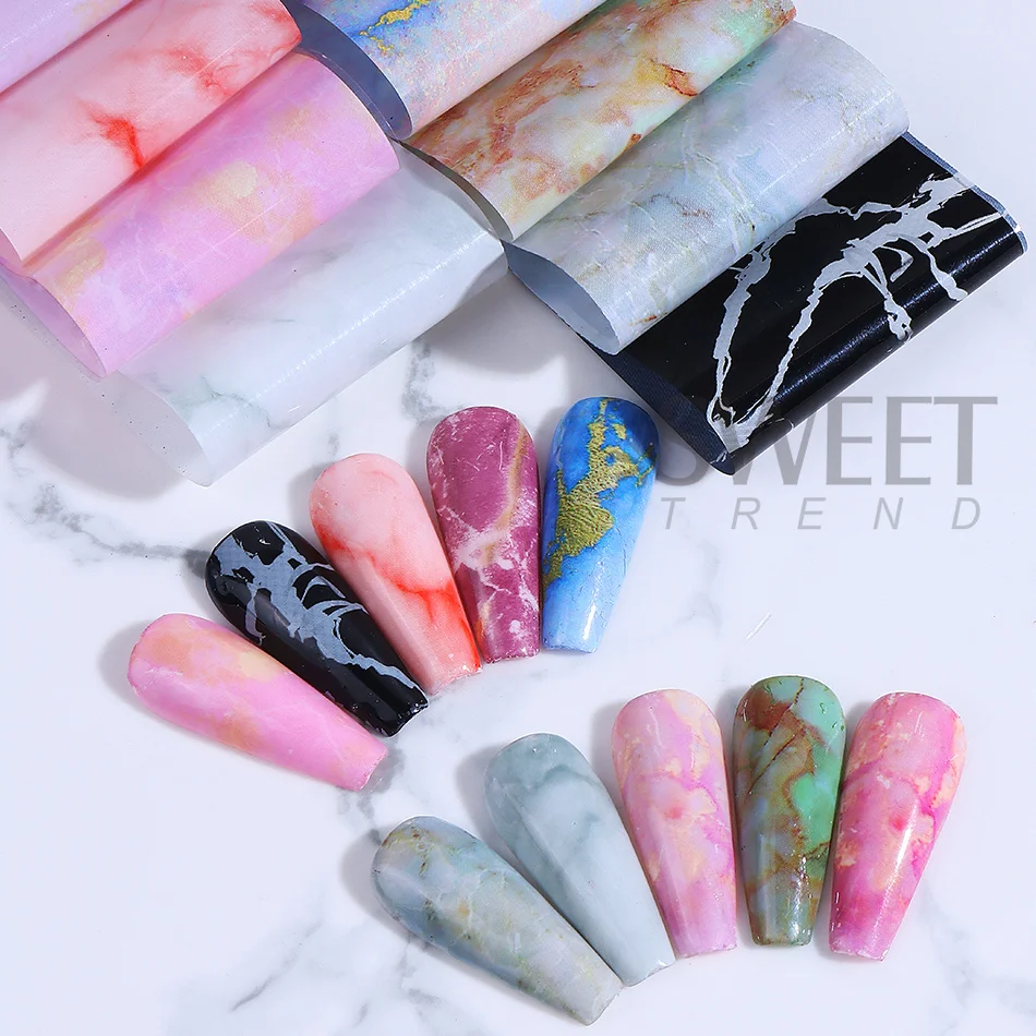 10 Stück/Packung Gemischte Nagelkunst-Folien Transferaufkleber Retro-Marmormuster Sternenhimmel Nagelschieber DIY Maniküre-Dekorationszubehör – Detail 7