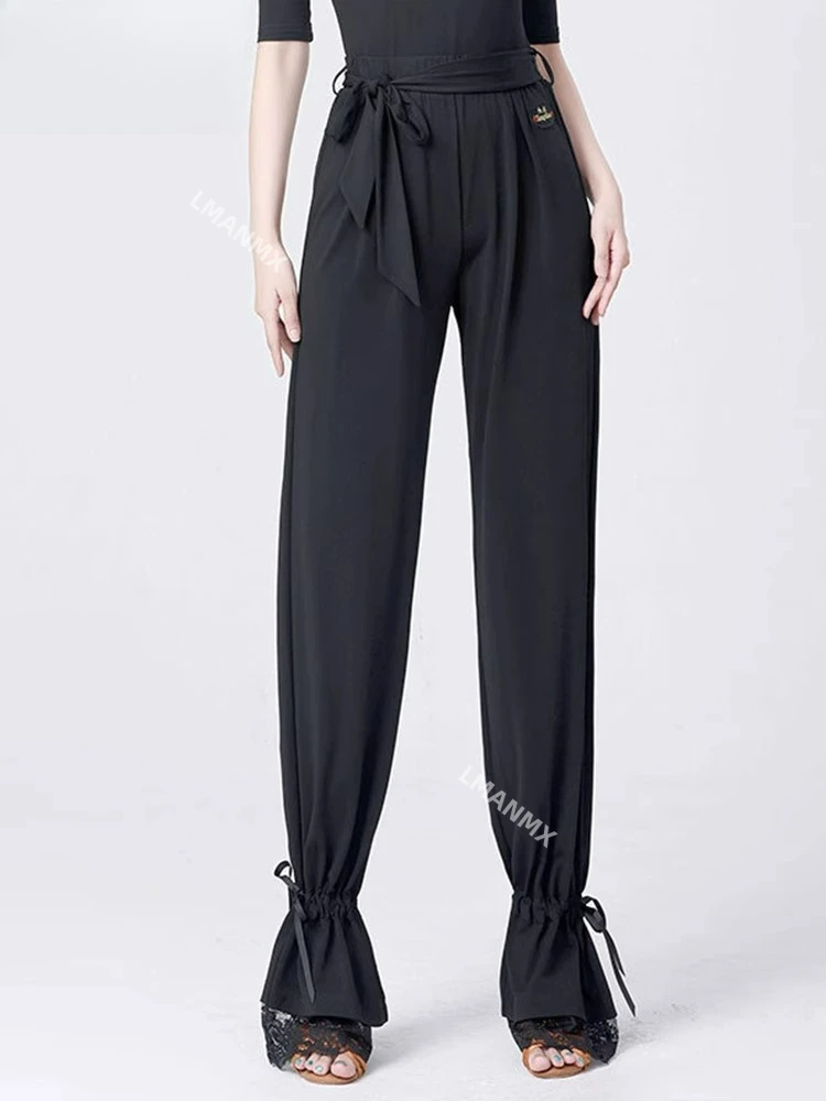 

New Latin dance pants for women, fashionable elastic waisted workout pants, black slimming drawstring pants for adults