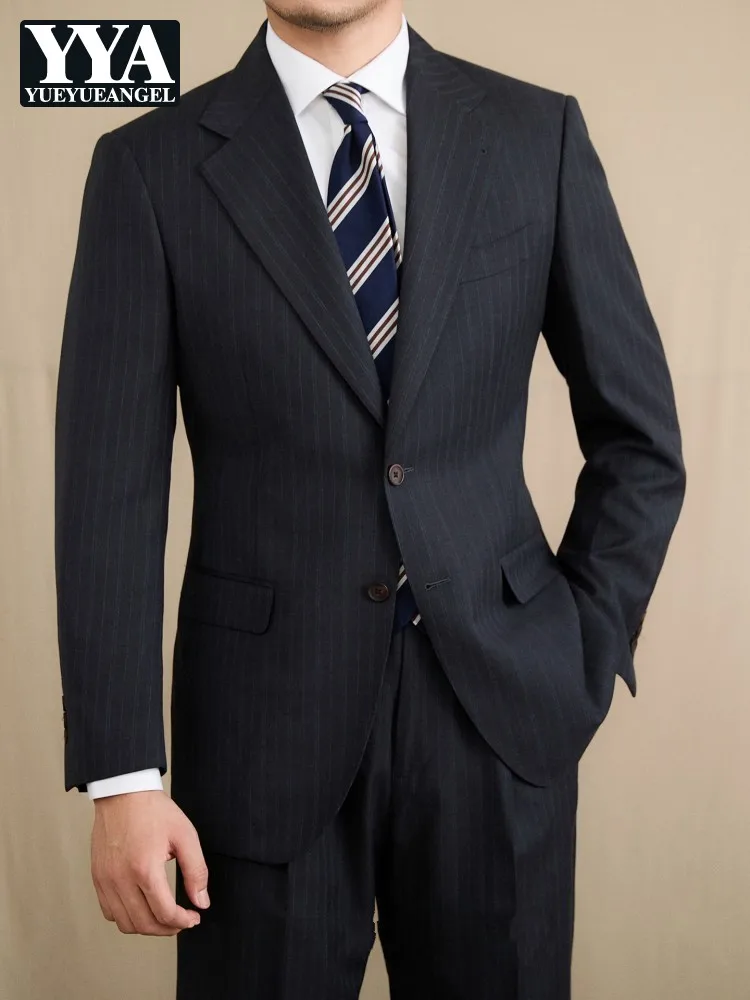 Vintage Business Men Slim Fit Wool Suit Set Single Breasted Blazer Jacket Pants Two Piece Set Striped Formal Wedding Dress Suits