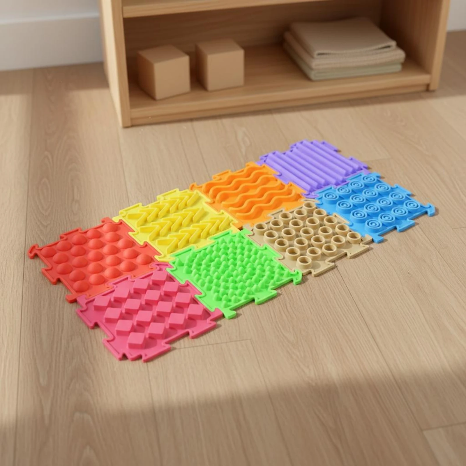 8 Pieces Interlocking Sensory Floor Mat Waterproof Textured Silicone Mat Interlocking Sensory Tile Bright Colors for Children