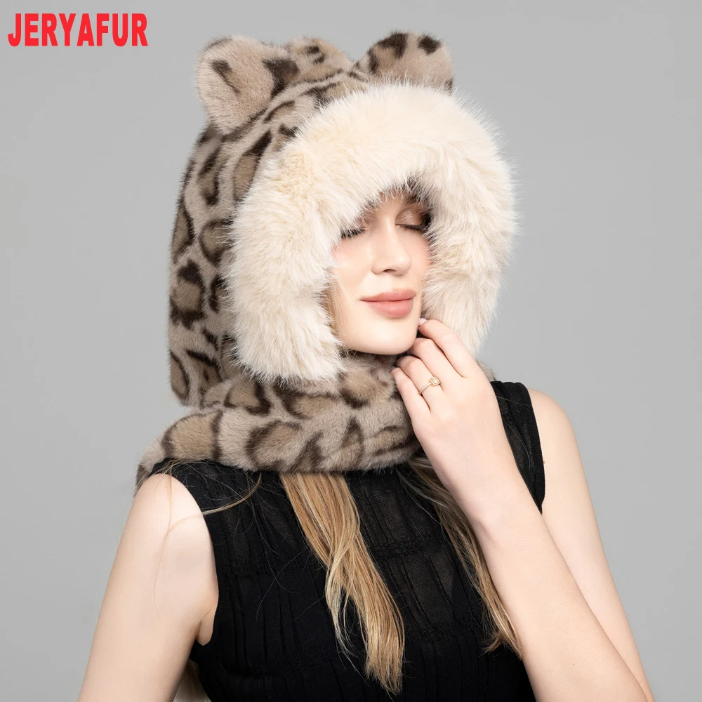 Women Leopard Faux Fur Hooded Scarf, Integrated Hat Scarf with Pom‑poms, Warm Winter Neck Warmer, 55‑60cm Head Circumference