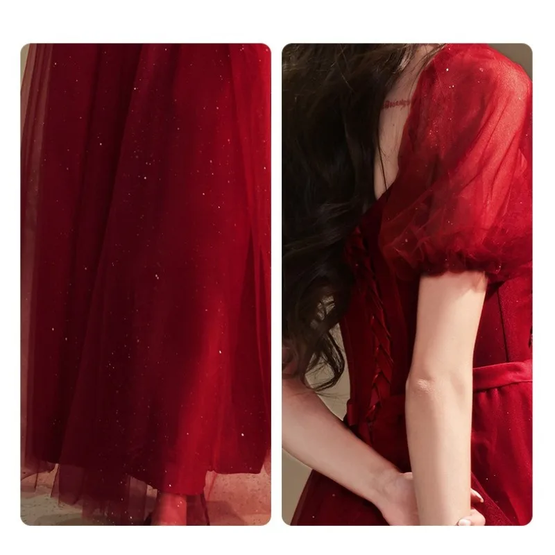 2026 novo vestido de noite de manga curta bordado feminino moda emagrecimento vinho vermelho casamento noiva brindando vestido longo rede
