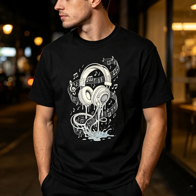 Melting Headphones Music Notes Graphic T Shirt Vintage Audio Art Tee DJ Music Lover Melody Design Casual Cotton Top Men Women