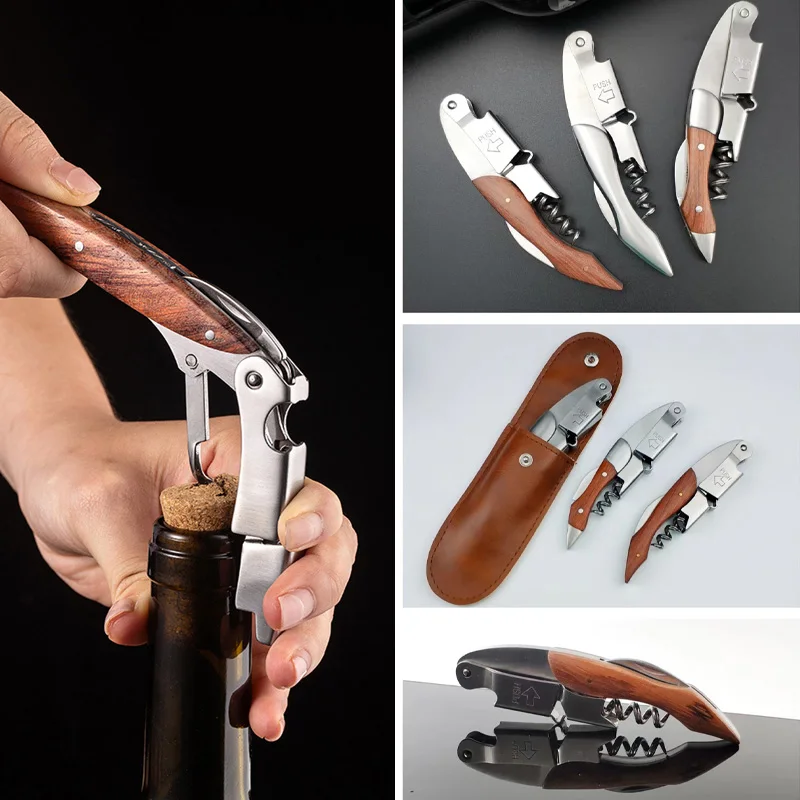 Stainless Steel Corkscrew Wine Key Beer Bottle Opener Foil Cutter Wood Handle Openers Waiters Wine Knife Corkscrews Sommelier