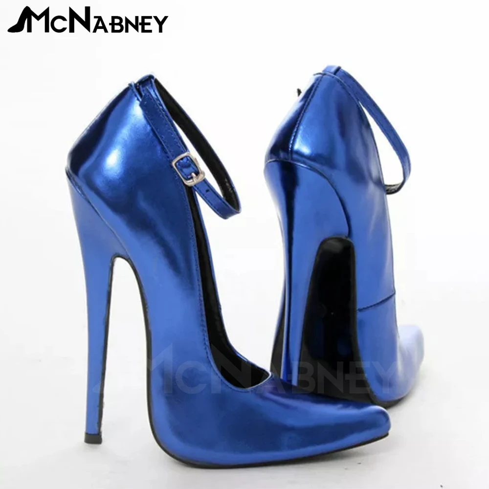 

Metallic Blue Super Stiletto Pumps Sexy Fetish Handmade High Heels Ankle Buckle Closure Pointed Toe Pumps for Women Custom Color