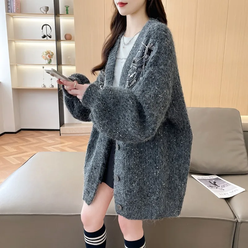 

НОВИНКА 2025 года, женский вязаный кардиган с вышивкой и блестками, пальто, свободная верхняя одежда, повседневные топы с v-образным вырезом, женские свитера, куртки, осень-зима