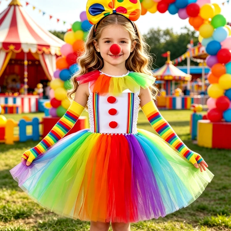 Halloween Clown Cosplay Costume Vibrant Rainbow Tulle Dress Pom‑pom Bodice, Clown Hat Red Nose and Striped Gloves for Festival