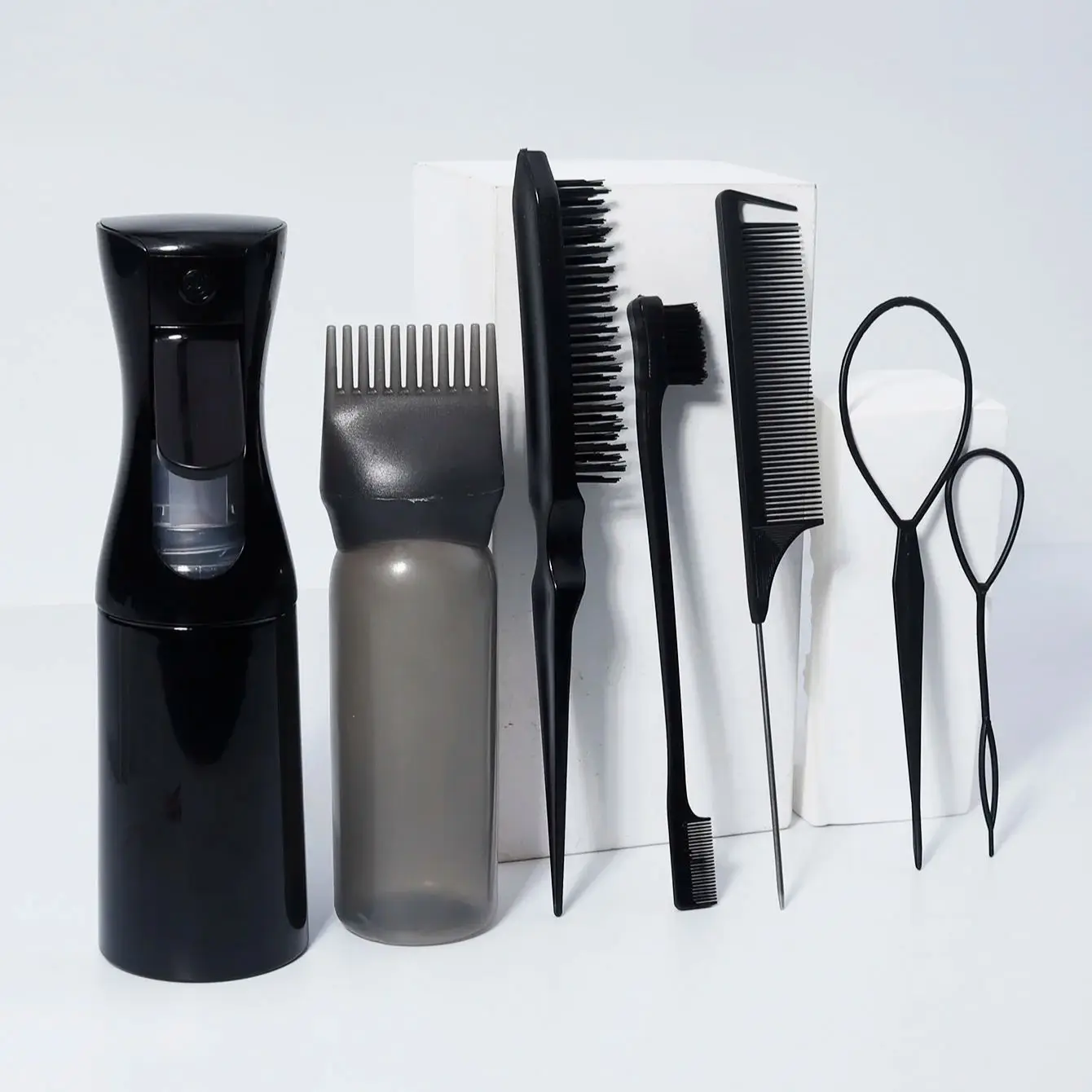 

7pcs Hair Styling Set - Spray Bottle,Root Comb,Shampoo Bottle,Edge Brush,Rat Tail Comb, Braiding Tool,Special for real hair wigs