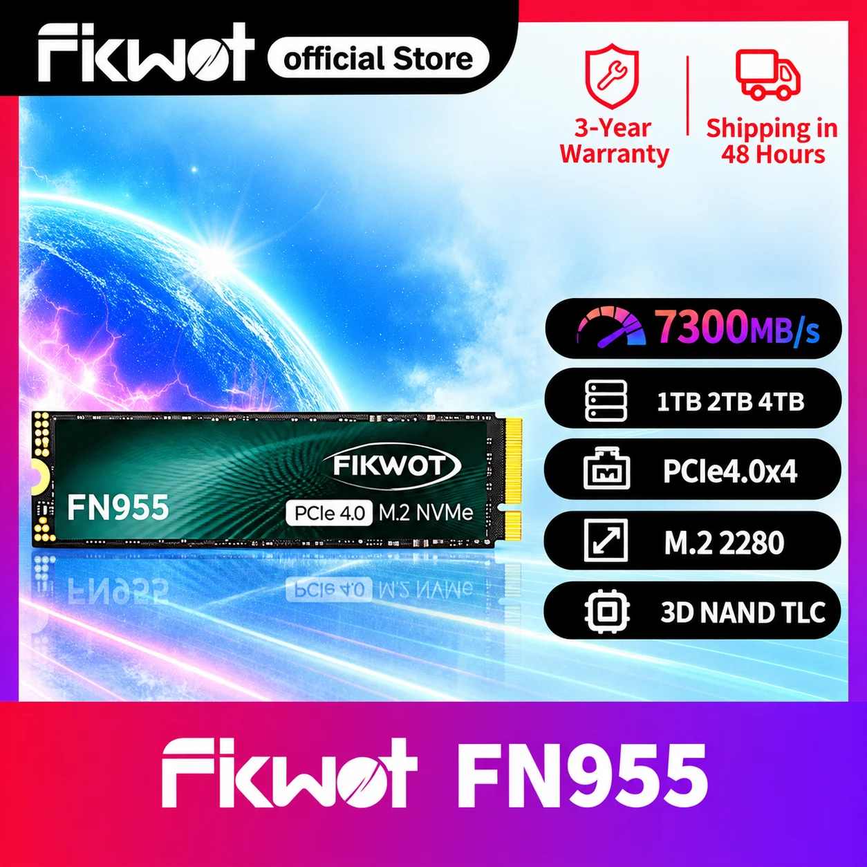 Fikwot FN955 M2 NVME SSD 1TB 2TB 4TB 7350MB/s PCIe4.0x4 NVMe M.2 2280 Disco SSD Interno de Estado Sólido para PS5, Ordenador de Escritorio y Portátil
