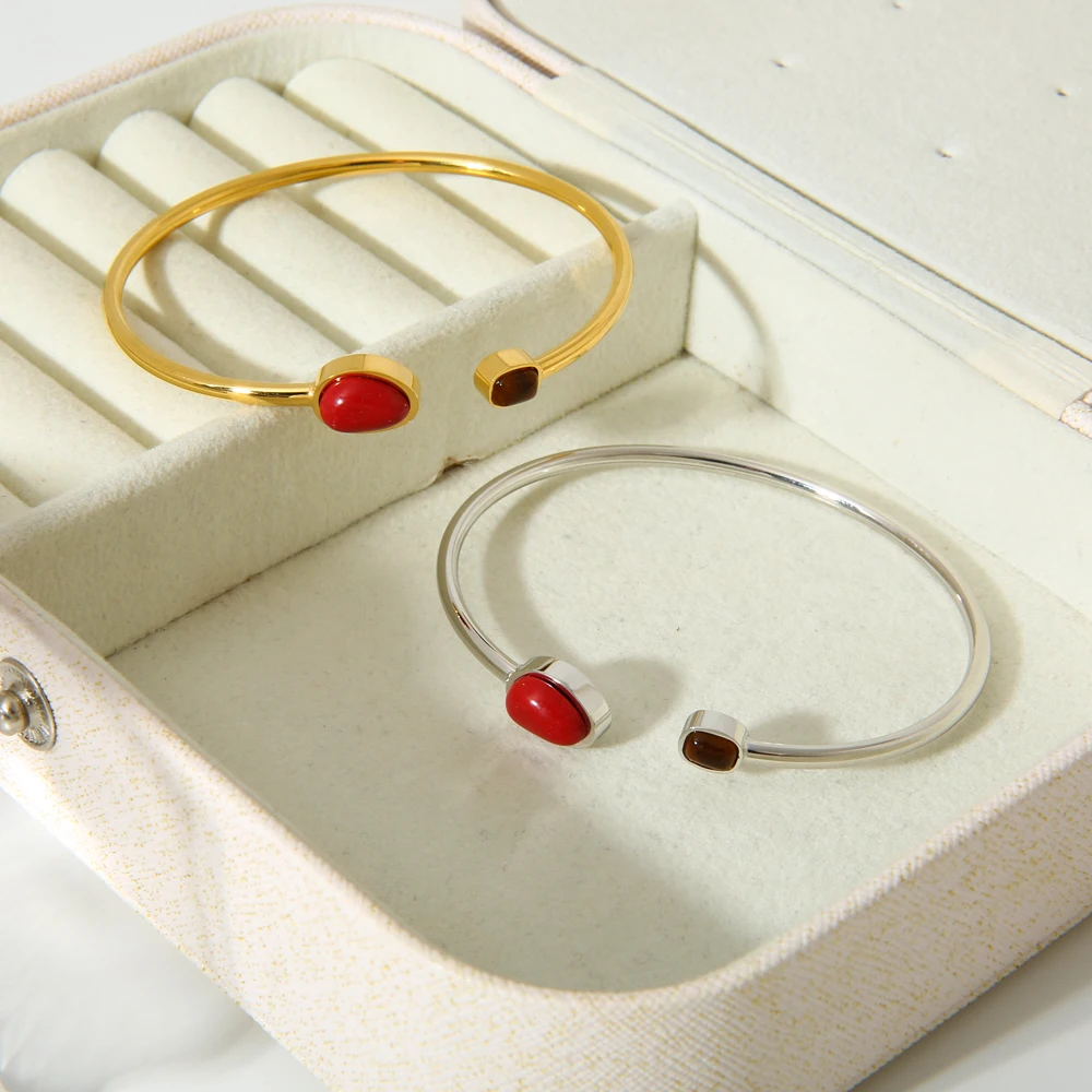 New Stainless Steel Natural Stone Open Cuff Bracelet Bangle Green Red Black Stone PVD 16K Gold Plated Tendy Jewelry for Women - Image 4