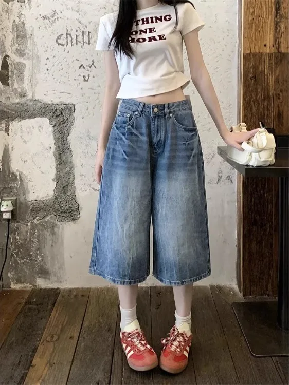 

plus Size Women's Vintage Straight Leg Jeans Mid-Length Summer Fashionable Slimming Wide Leg Seven-Foot Denim Pants