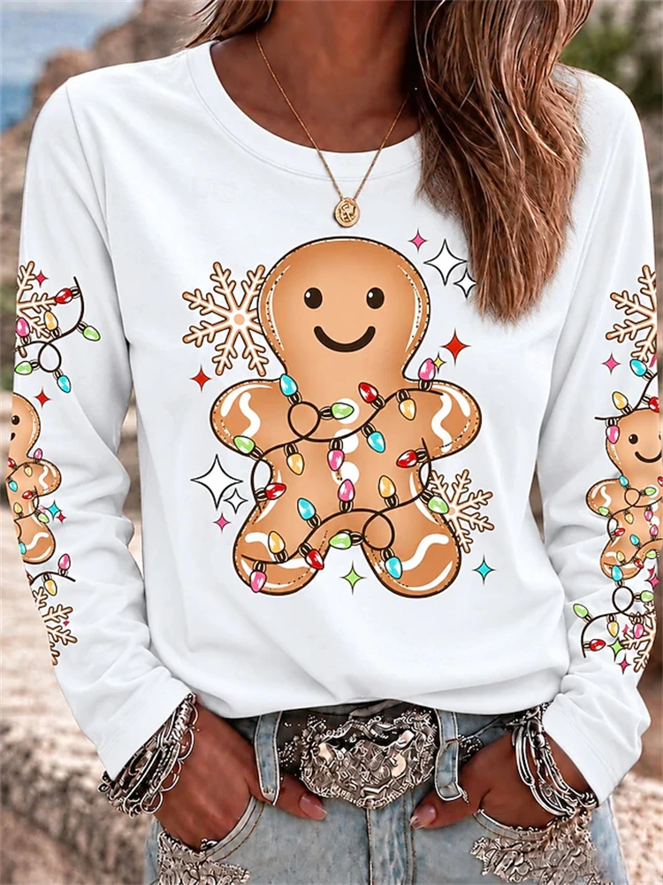 Women’s Long-Sleeve Christmas T-Shirt Gingerbread Man Holiday Lights and Snowflake Print Crew-Neck Pullover Festive Party Top