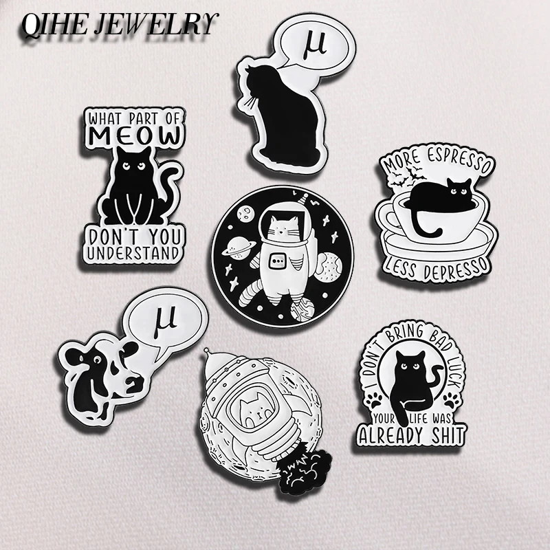 Punk Black Cat Space Rocket Astronaut Cat Enamel Pins Custom I Don't Bring Bad Luck Cartoon Brooch Bag Lapel Badge Jewelry Gifts