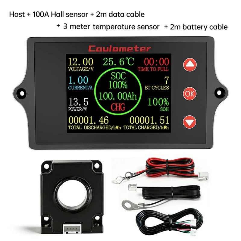 B62B Hall Coulomb Meter 8-100V Electric Vehicle Voltage Current Monitor Battery Load Tester 100A Hall Sensor 2m Data Cable