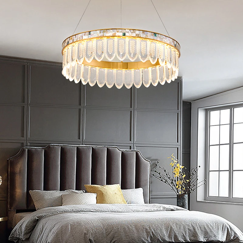 Shell Decor Embossed Glass LED European Chandeliers for Bedroom Cottage Lights Hanging Lamps Villa Home Luxury Round Lustre