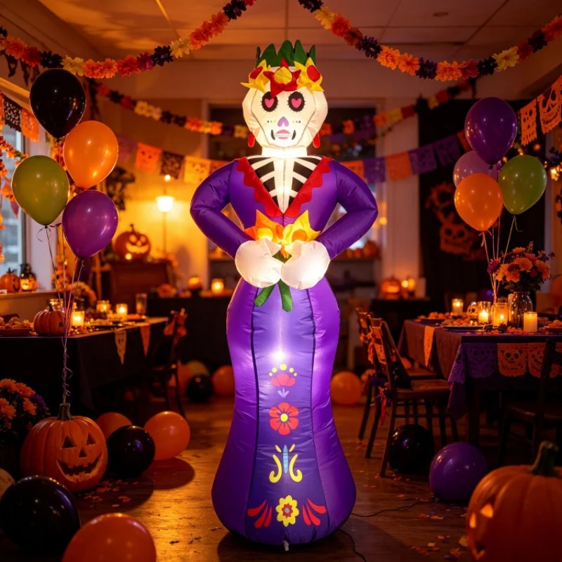160cm Inflatable Skeleton Ghost Woman for Day of The Dead Decoration Inflatables Halloween Skull Decor Outdoor Yard Garden Decor